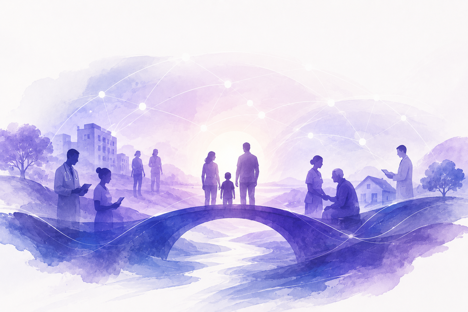 Abstract watercolor-style illustration in Senscio purple and blue tones suggesting technology, network, and participation working together in continuous care.