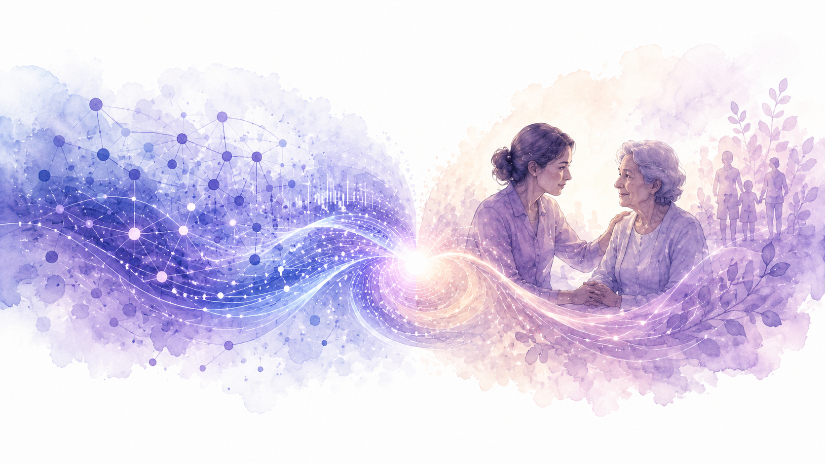 Abstract watercolor-style illustration in Senscio purple and blue tones suggesting an always-attentive intelligence layer supporting human care, judgment, and connection.