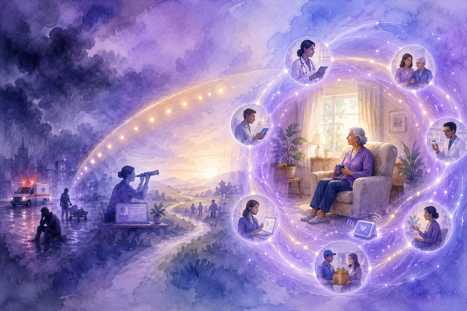 Abstract watercolor-style illustration in Senscio purple and blue tones showing three care models: reactive care responding after crisis, proactive care reaching ahead, and continuous care surrounding the person with a persistent connected care layer.