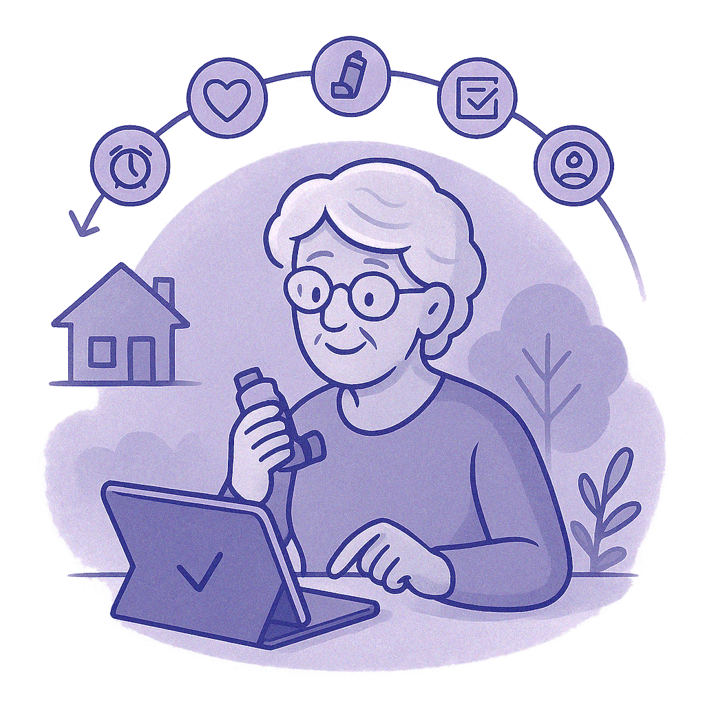 Illustration of a member at home, connected to care team and outcomes