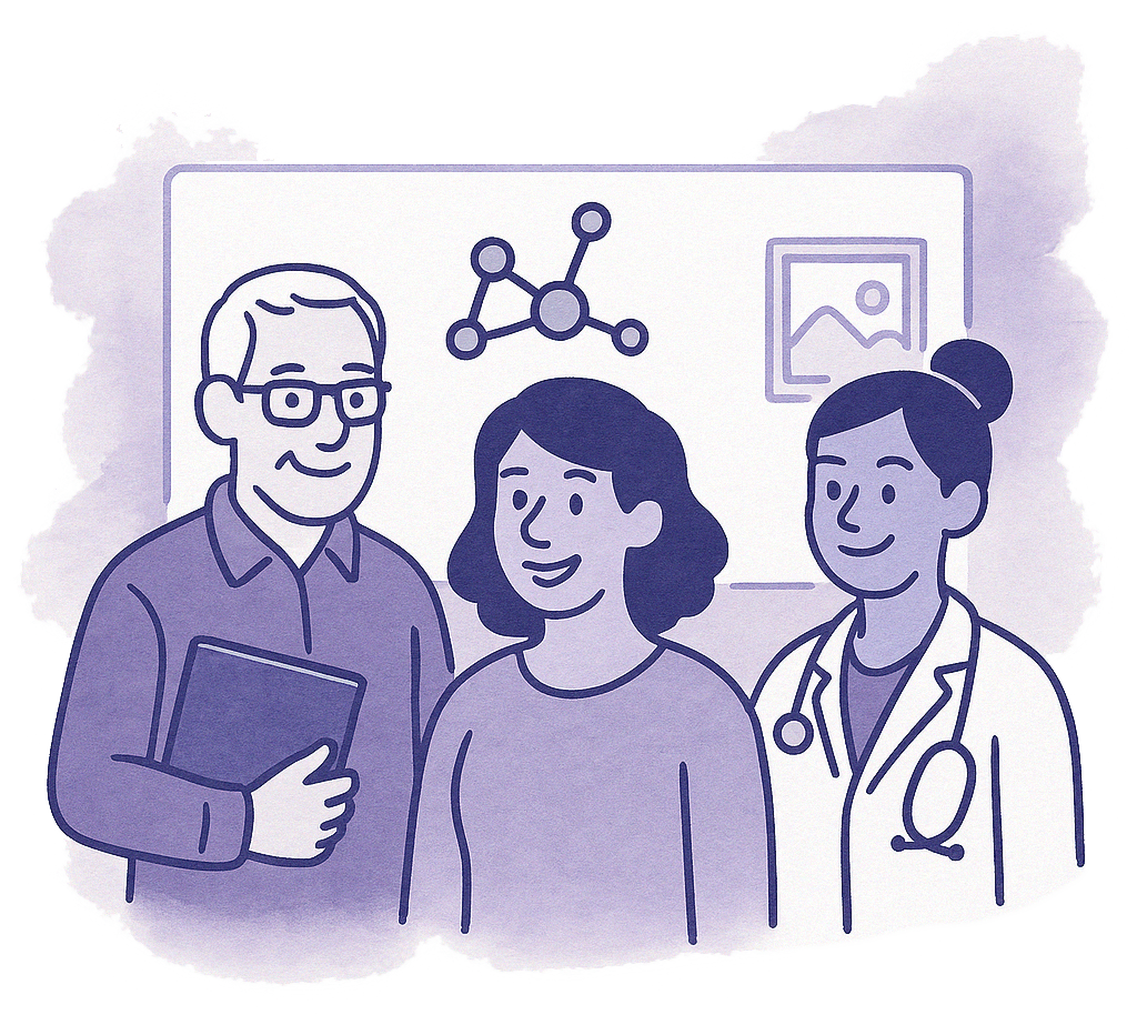 Stylized illustration of a care team orbiting a member, with verification checkmark